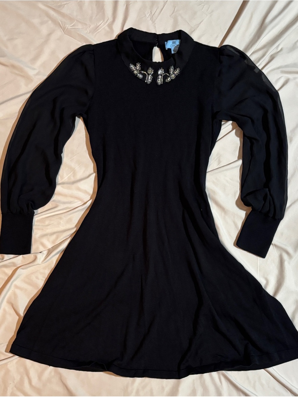 CeCe Black Long Sleeve Embellished Collar Mixed Media Sweater Dress Size S